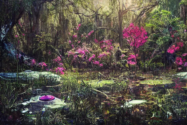 Image similar to hyperrealism, scene from starship, louisiana swamps, spring blooming flowers garden, true detective, 8 k, 8 0 s japanese sci - fi books art