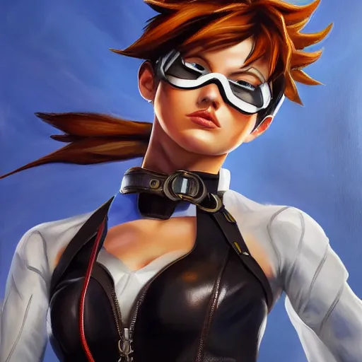 prompthunt: oil painting of tracer overwatch in a field wearing large  leather belt choker around neck, in style of mark arian, expressive face,  detailed face, detailed eyes, full body, feminine face, tracer