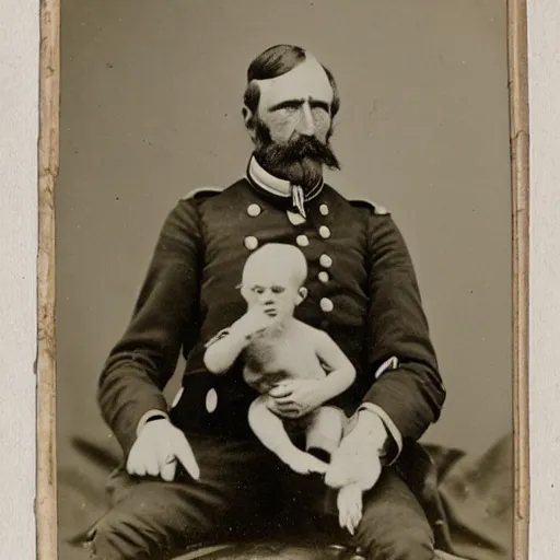 Image similar to a 1 8 5 8 photo of general pitzer, a union general, holding a baby monkey