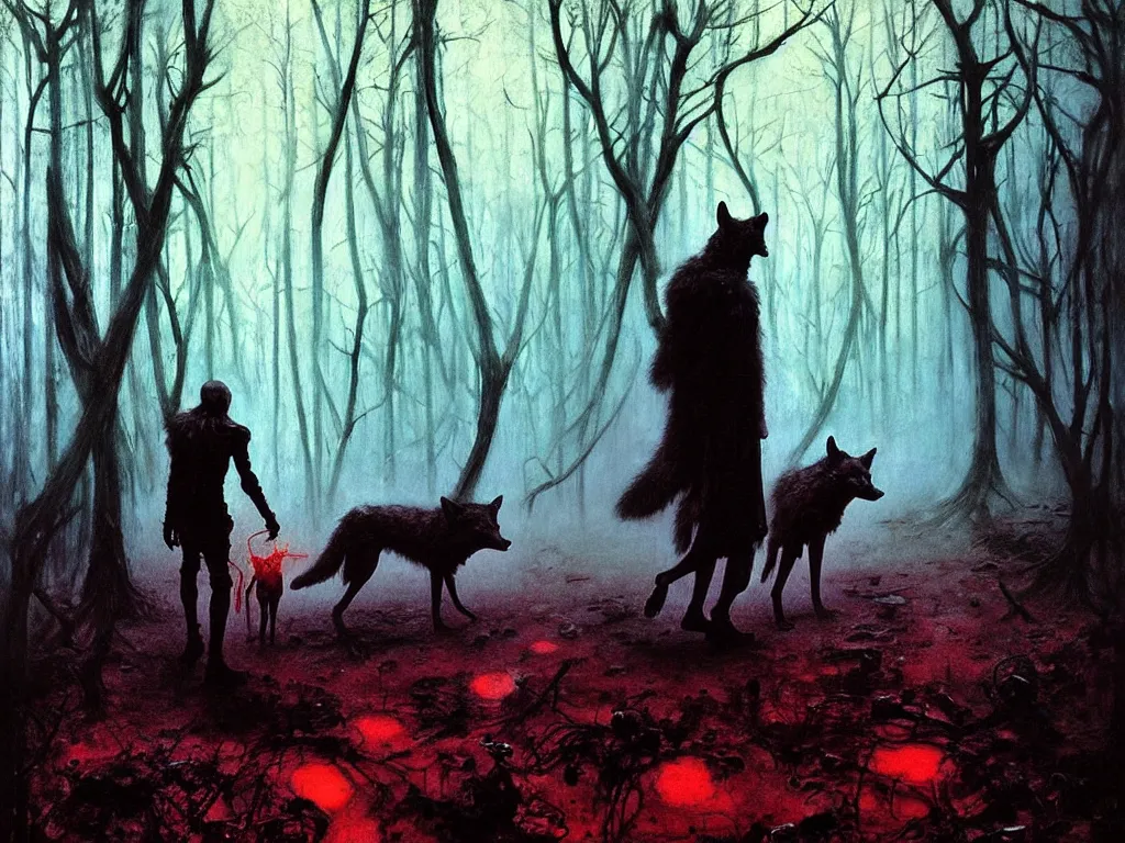 Prompt: a cyborg in mantle walking with a wolf in a deep abandoned forest, refracted lighting, art by collier, artem demura, neo - gothic, gothic, rich deep colors. beksinski painting, francis bacon, masterptiese