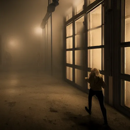 Image similar to woman holding a flashlight running through the interior of a furniture store, refrigerators, cinematic lighting, night, terrifying, scp 3008, landscape, fog, artstation