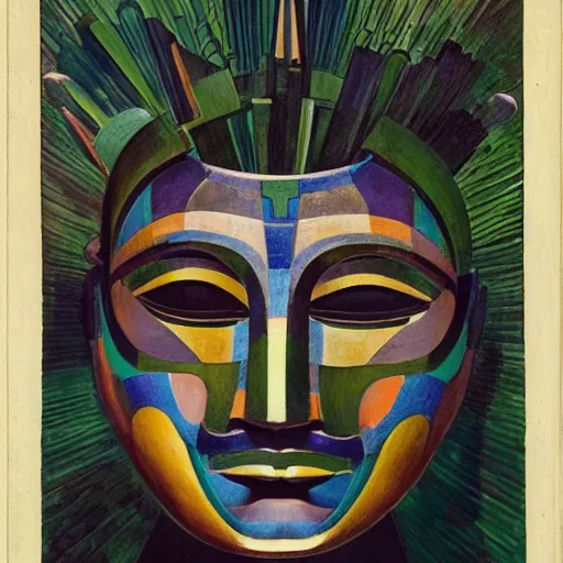 Image similar to head of a beautiful boy wearing a mask made of metal flowers, by diego rivera and john watkiss, art deco shaman, stylized geometric flowers, art brut, symbolist, dramatic lighting, god rays, iridescent beetles, clean crisp graphics, smooth sharp focus, extremely detailed, adolf wolfli