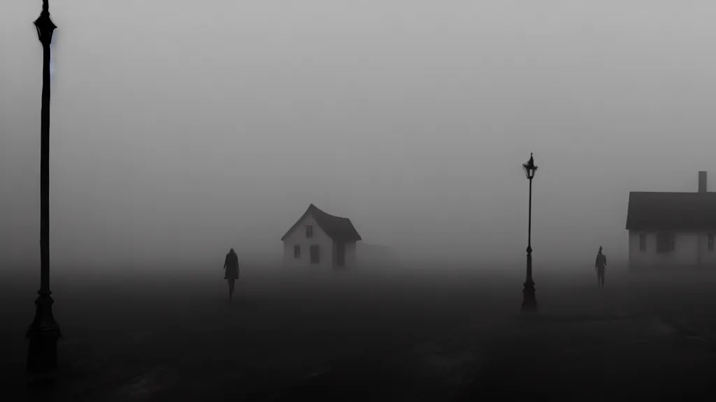 Prompt: the crowd flees the village, fog, volumetric lighting, mystique, atmospheric, in style of game inside, sharp focus, ultra detailed, noir art house, 4 k, cinematic, 3 5 mm