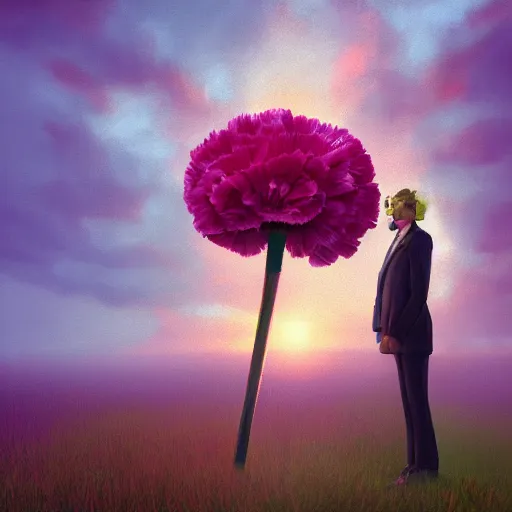 Image similar to giant carnation flower head, frontal, girl in a suit, surreal photography, sunrise, dramatic light, impressionist painting, digital painting, artstation, simon stalenhag