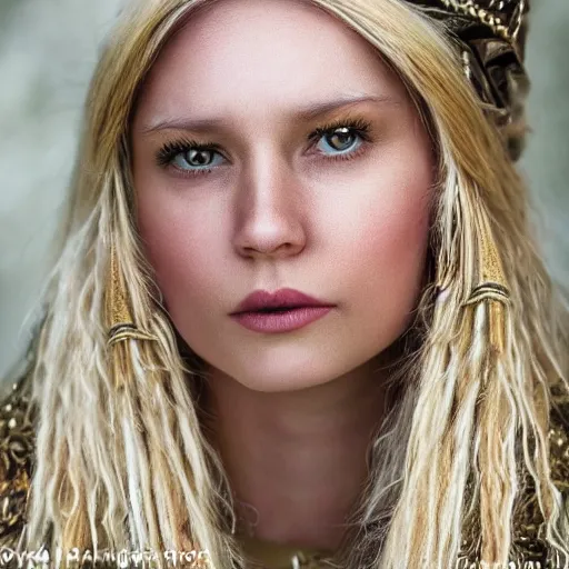 Image similar to portrait head shot photo of a real-life beautiful nordic queen, highly detailed