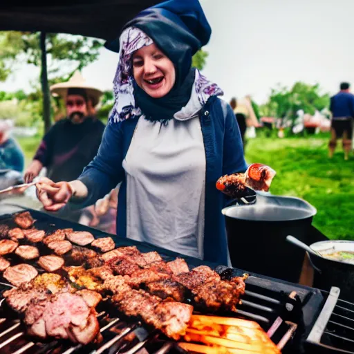 Prompt: a babushka grilling meat on a barbeque, people are dancing and having fun with beers in their hands