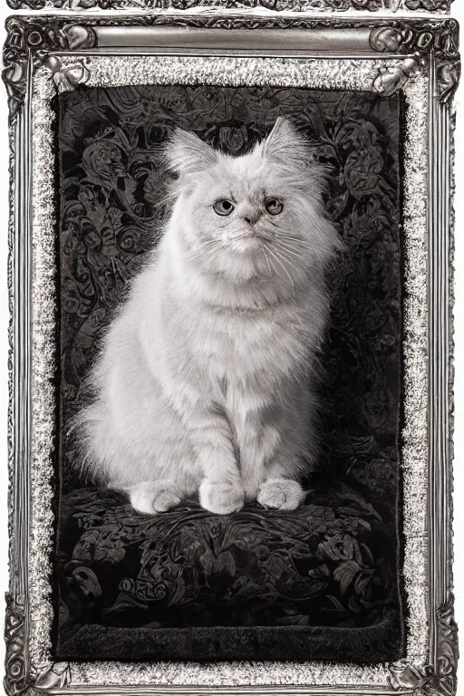 Image similar to a silver gelatin photo portrait of a royal cat, impossibly fluffy, on an embroidered velvet cushion on a neo - rococo gilded little bed, by david lachapelle, photorealistic, photography, wide shot