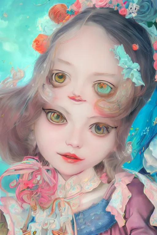 Image similar to Portrait of a doll in alice in wonderland art by Hikari Shimoda, Trending on artstation, artstationHD, artstationHQ, 4k, 8k