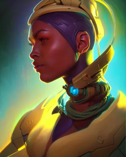 Image similar to sojourn from overwatch, bust, fantasy, fantasy art, fantasy, colorful, elegant, character portrait, portrait, close up, highly detailed, intricate detail, amazing detail, sharp focus, vintage fantasy art, vintage sci - fi art, radiant light, caustics, by boris vallejo