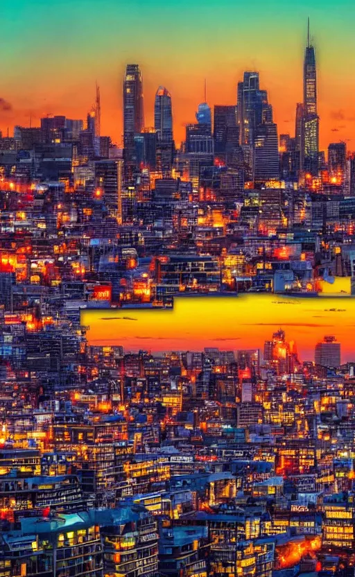 Prompt: this is a photo of a beautiful sunset over a cityscape. the colors are very vibrant and the view is stunning. vibrant colors, very funny, personal, positive, visually pleasing and engaging. high resolution. high quality. hq hd. trending on artstation.