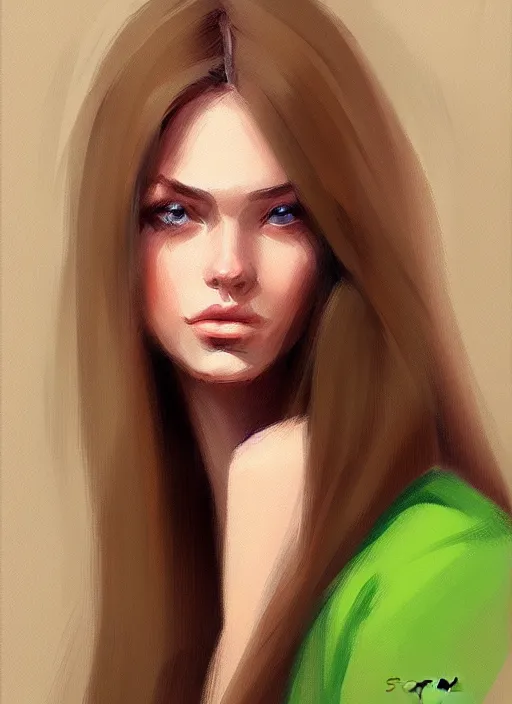 Image similar to portrait of a gorgeous young woman in the style of stefan kostic, green eyes, long brown hair, artstation, concept art