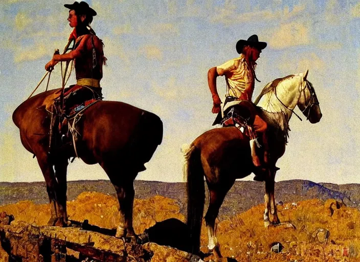 Prompt: western painting, native american sitting on horse on top of hill, by norman rockwell