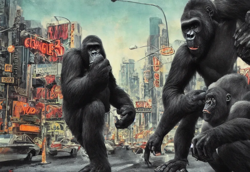 Image similar to An king Kong rage on street, Hollywood scene , cinematic , full color