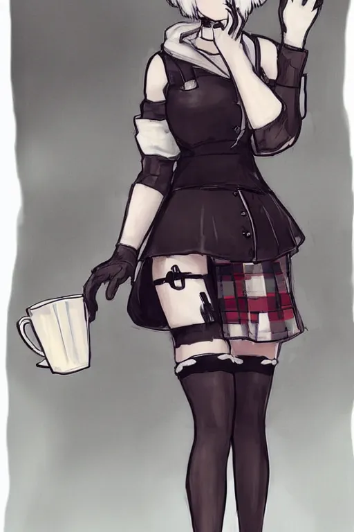 Image similar to Concept art of 2B from Nier Automata wearing a tartan miniskirt and holding a cup of tea