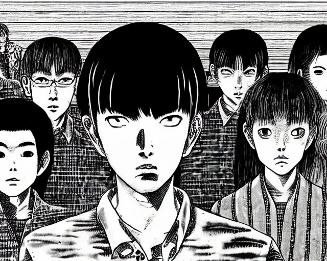 Prompt: A portrait of an asian guy by Junji Ito, depth of field