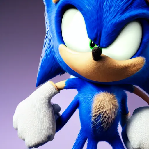 Prompt: Sonic the Hedgehog kneeling while crying, realistic, 8k, dramatic lighting, cinematic.