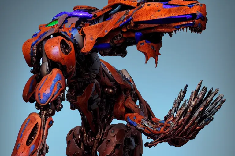 Image similar to portrait of a posed hyper detailed brown and ultramarine leaplasher evangelion realistic mechanical and fleshy organic creature similar look as horizon forbidden west horizon zero dawn bioluminiscence in a dark deep forest at dawn in spring, with reflection and textures, by kilian eng, substance painter reaslitic mech surface metal painted scratches