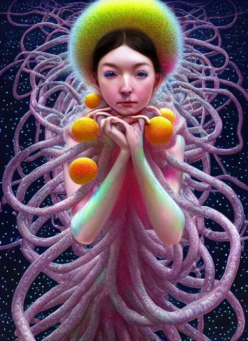 Image similar to hyper detailed 3d render like a Oil painting - kawaii portrait Aurora (ancient black haired Fae acrobat) seen Eating of the Strangling network of yellowcake aerochrome and milky Fruit and Her delicate Hands hold of gossamer polyp blossoms bring iridescent fungal flowers whose spores black the foolish stars by Jacek Yerka, Mariusz Lewandowski, Houdini algorithmic generative render, Abstract brush strokes, Masterpiece, Edward Hopper and James Gilleard, Zdzislaw Beksinski, Mark Ryden, Wolfgang Lettl, hints of Yayoi Kasuma, octane render, 8k