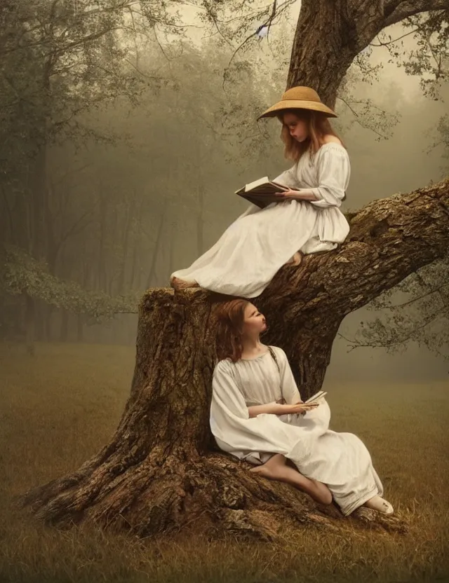 Image similar to peasant Girl in white reading a book sitting on a tree in a foggy forest, Cinematic focus, Polaroid photo, vintage, neutral colors, soft lights, by Steve Hanks, by Serov Valentin, by lisa yuskavage, by Andrei Tarkovsky 8k render, detailed, oil on canvas