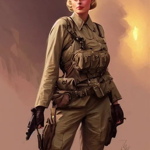 Prompt: Grace Kelly as a US Army Soldier, western, D&D, fantasy, intricate, elegant, highly detailed, digital painting, artstation, concept art, matte, sharp focus, illustration, art by Artgerm and Greg Rutkowski and Alphonse Mucha