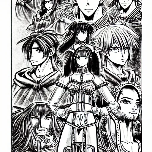 Image similar to prompt: 90's manga version of world of warcraft characters in black and white hyper detailed style, drawn by Botticelli, smaller details, 1980 manga style, graphic halftone details,