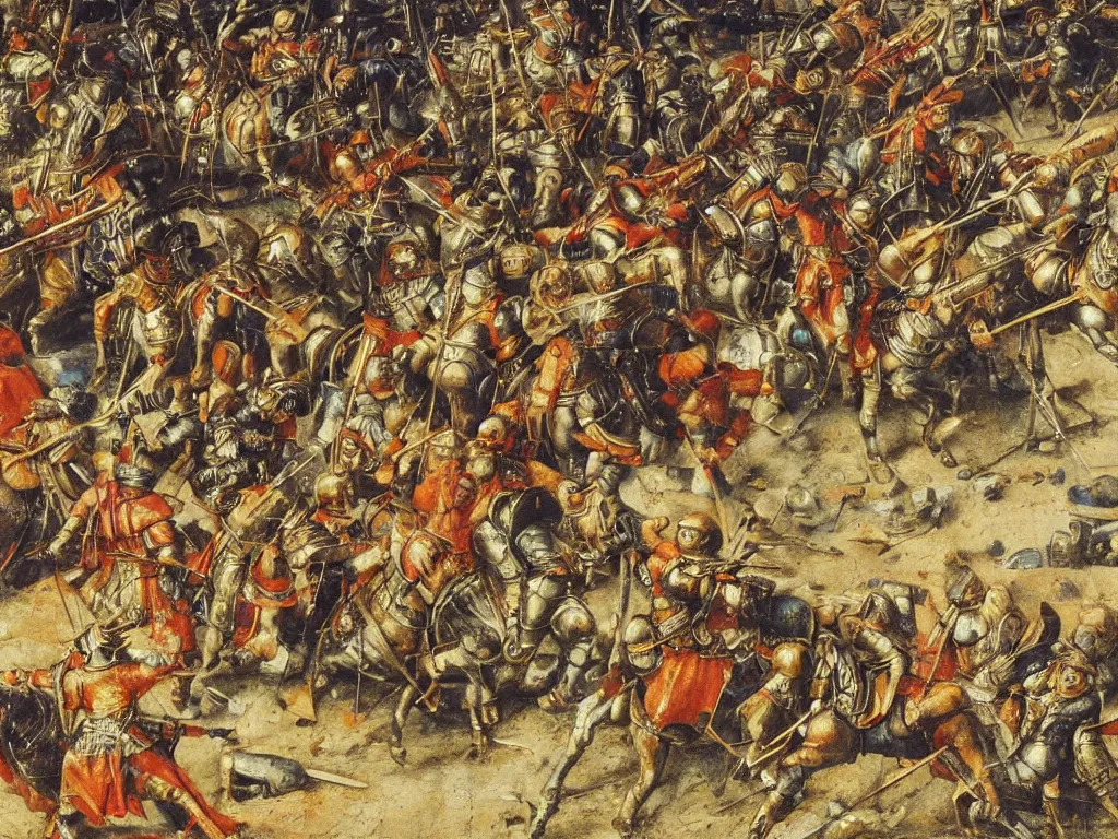 Prompt: detail from an oil painting of the battle of alexander at issus by albrecht altdorfer ( 1 5 2 9 ), highly detailed, battle scene, oil painting on panel