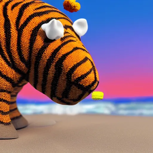 Image similar to a closeup photorealistic photograph of a cute smiling knitted tiger hippopotamus chasing a beachball at sunset. surf in the background. professional capture. this 4 k hd image is trending on artstation, featured on behance, well - rendered, extra crisp, features intricate detail, epic composition and the style of unreal engine.