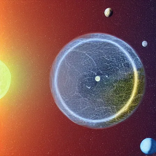 Prompt: orbital map of a planet with many moons, digital art, space, bohr model, simple