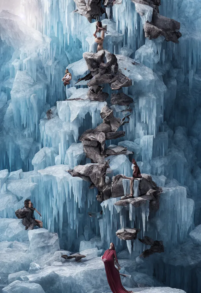 Image similar to pregnant woman at the top making an epic speech to a proud of warrior crowd hearing from bellow, ice cave, facinating, epic digital art, octane render, beautiful composition, trending on artstation, award - winning photograph, masterpiece