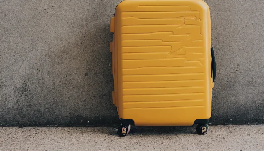 Image similar to yellow and purple swirl suitcase, photograph