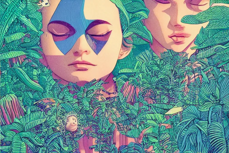 Prompt: gigantic girl faces, tiny robots, a lot of exotic vegetation around, risograph!, colorful flat surreal design, super - detailed, a lot of tiny details, fullshot, painting by luigi serafini and moebius