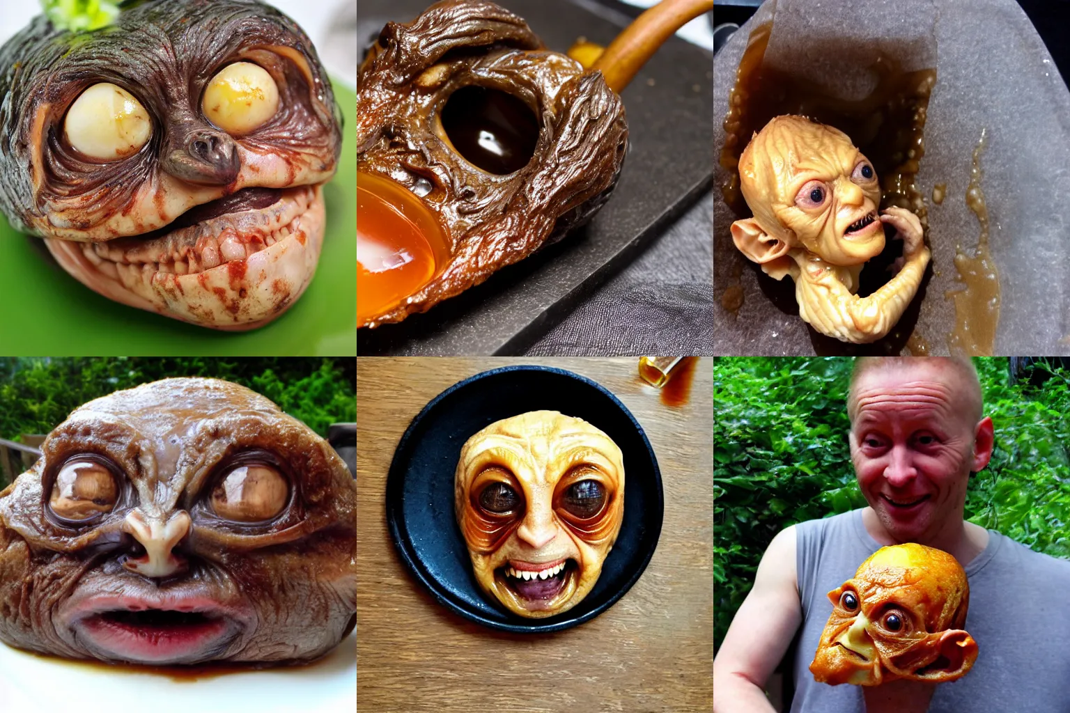 Prompt: delicious honey roasted whole Gollum head, food blog photo