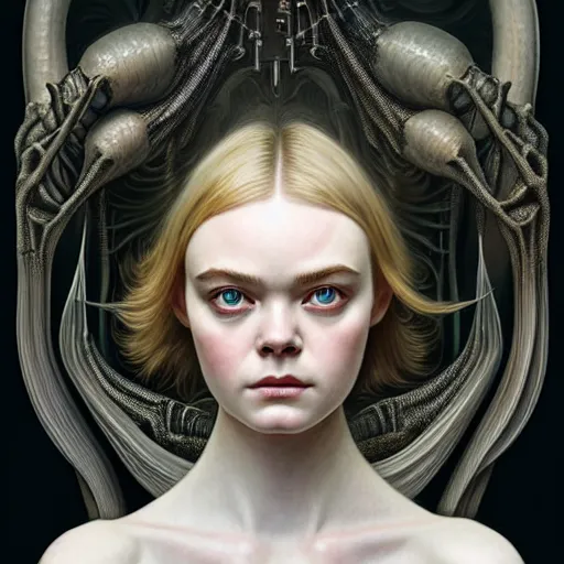 Image similar to symmetry!! portrait of elle fanning in prey in the world of h. r. giger, horror, fashion, dark!! intricate, elegant, highly detailed, digital painting, artstation, concept art, smooth, sharp focus, illustration, art by artgerm and greg rutkowski and alphonse mucha