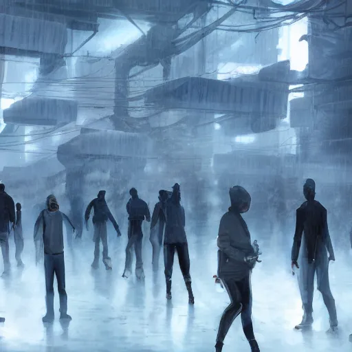 Image similar to illustration of rows of humans hanging on hooks in an ice box, rolling fog, cyberpunk, dystopian, dramatic lighting, unreal engine 5