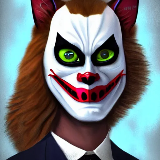 Prompt: graphic, hyperreal, portraiture illustration of a anthropomorphic handsome ragdoll cat wearing a joker mask and holding a blake, digital painting, trending on artstation