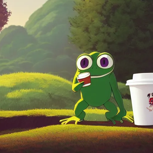 Image similar to a wholesome animation key shot of small pepe the frog holding a cup of coffee on a hill, medium shot, studio ghibli, pixar and disney animation, sharp, rendered in unreal engine 5, anime key art by greg rutkowski, bloom, dramatic lighting