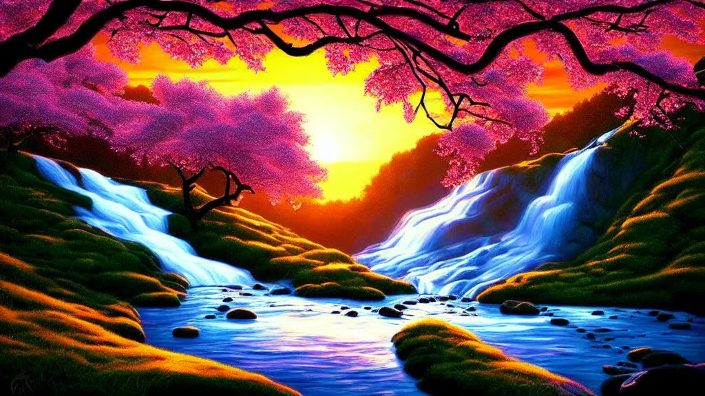 Image similar to featured on artstation cherry tree overlooking valley waterfall sunset beautiful image stylized digital art