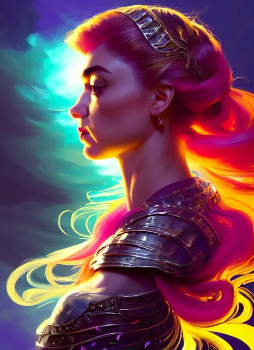 Image similar to side portrait, imogen poots, paladin, gloomhaven, colorful swirly ripples, gaudy colors, luminescent, unreal engine, by greg manchess, huang guangjian, gil elvgren, greg rutkowski, jesper ejsing, magali villeneuve, artgerm, ilya kuvshinov