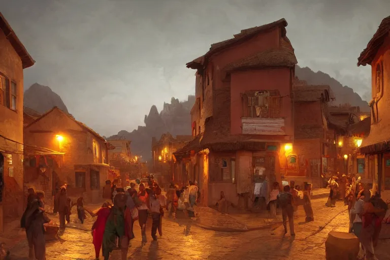 Prompt: in the middle of a adobe house town, mud and brick houses, merchant street, colorful crowd. Scenic view at night, matte painting by raphael lacoste and marc simonetti and ruan jia, trending on artstation