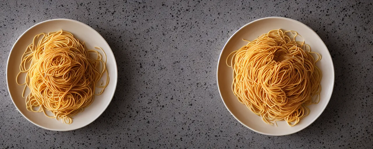 Image similar to one single bowl of spaghetti, beautifully garnished on a kitchen table, minimal, sharply focused, canon 5 0 mm, wes anderson film, kodachrome