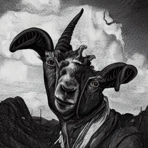 Prompt: goat, head and shoulders masterpiece, apocalypse, golden hour, cosmic horror, artstation, in the style of goya, extremely detailed