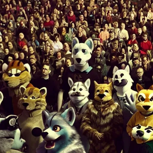 Prompt: a film still of a convention full of furries and fursuiters, directed by andrei tarkovski, cinematic