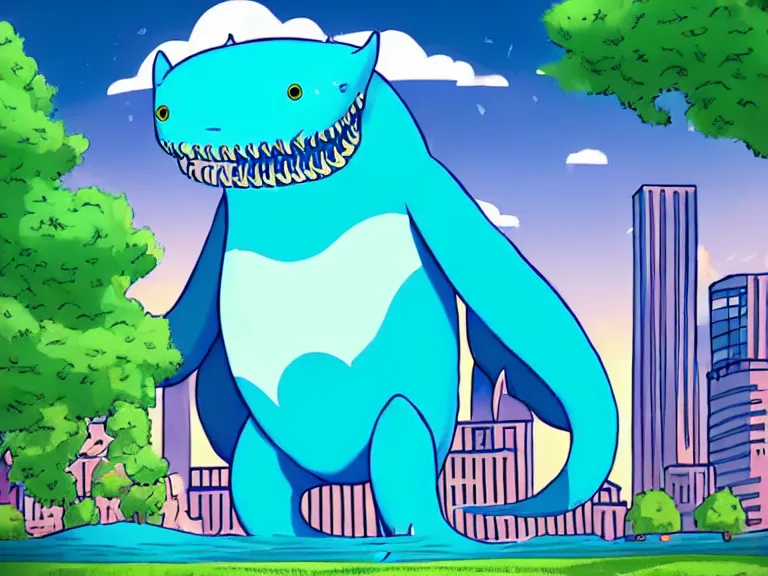 Prompt: adorable anthropomorphic gigantic cerulean furry leviathan monster in a park surrounded by a city, high high high quality