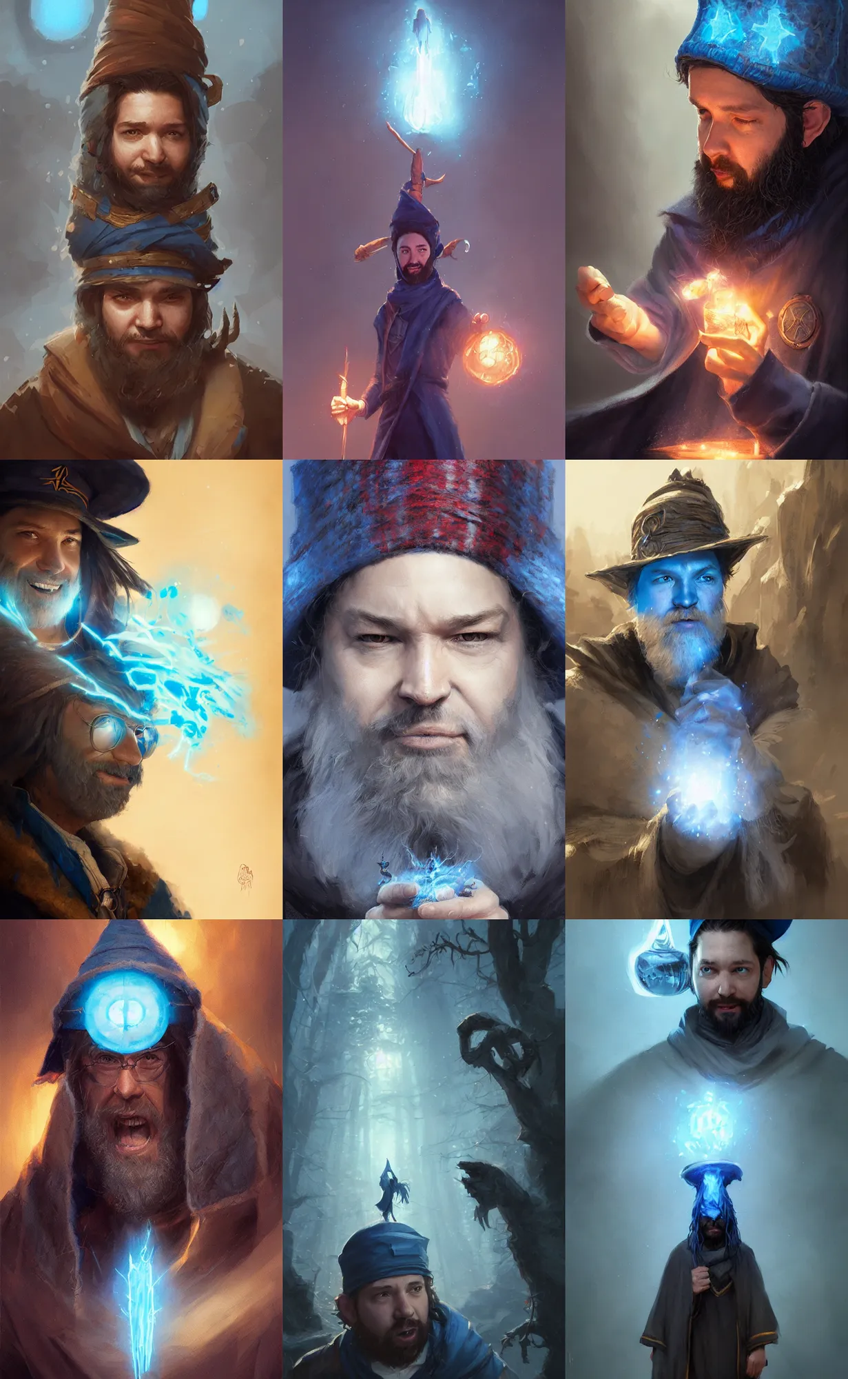 Prompt: alexis ohanian as a wizard, blue wizard hat, concept art, detailed face, fantasy, highly detailed, cinematic lighting, digital art painting by greg rutkowski
