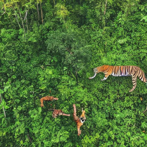 Prompt: drone photograph of tigers fleeing deforestation in the jungle