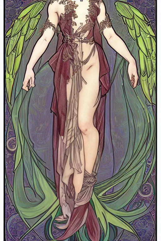 Prompt: Female angelic Fae in the style of Ayami Kojima and Alphonse Mucha