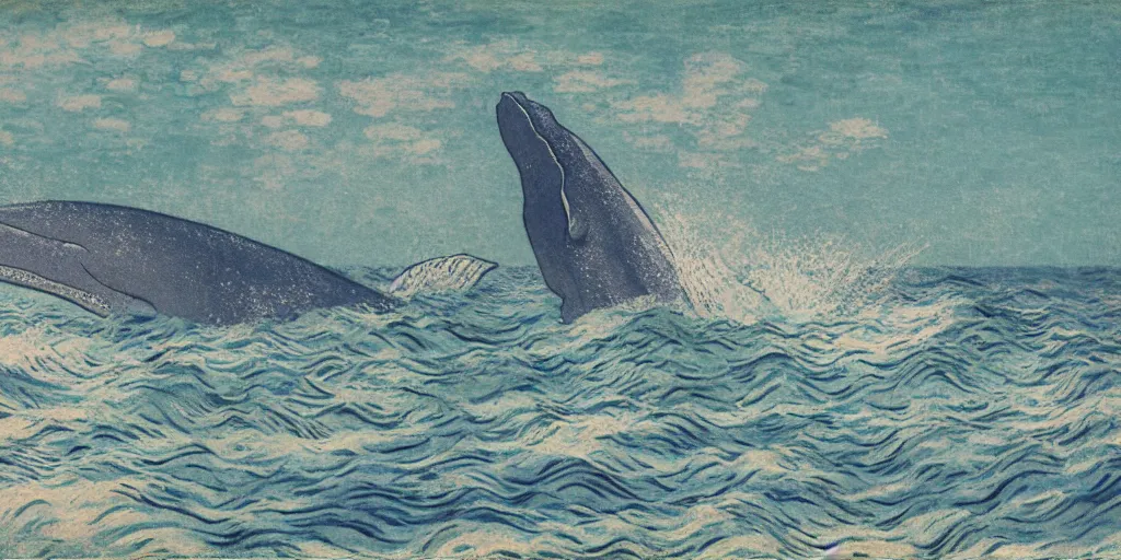 Prompt: An aesthetically pleasing, dynamic, energetic, lively, well-designed digital art of a whale, ripples, waves, sea foam, light and shadow, ocean caustics, aizome patterns, shin-hanga by Claude Monet, traditional Japanese colors, superior quality, masterpiece, excellent use of negative space.