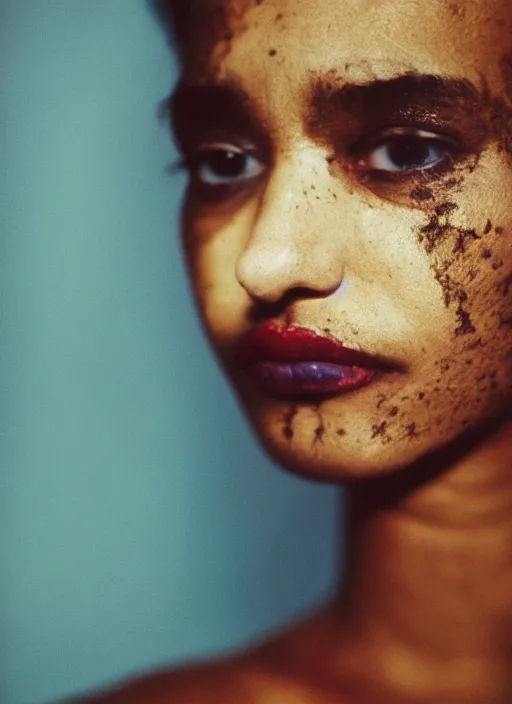 Image similar to extra close-up, color film photography, portrait of woman with vitiligo, in style of nan goldin, blue hour, 35mm, film photo