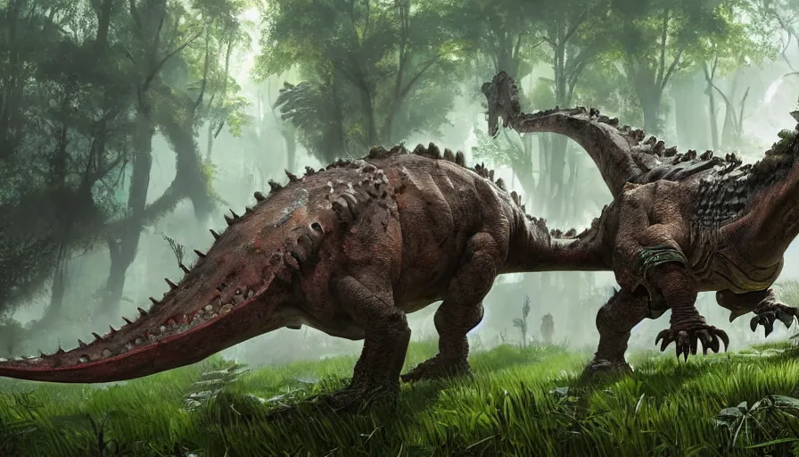 Image similar to A machinated dinosaur hybrid of a BEHEMOTH strolling along a lush green forest from the playstation 5 game Horizon Zero Dawn world, sci-fi concept art, highly detailed, oil on canvas by James Gurney