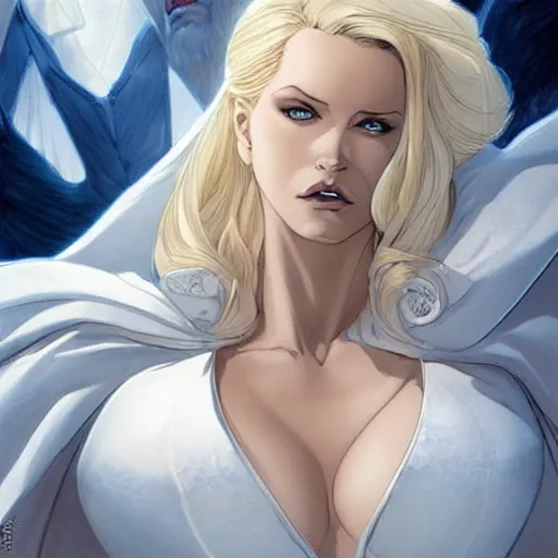 Prompt: portrait of emma frost, a beautiful woman in her 3 0 s with white blonde hair and blue eyes dressed in a fashionable white suit, detailed face, beautiful face, delicate features, smooth, sharp focus, graphic novel, art by artgerm and greg rutkowski and joe madureira and alan davis,